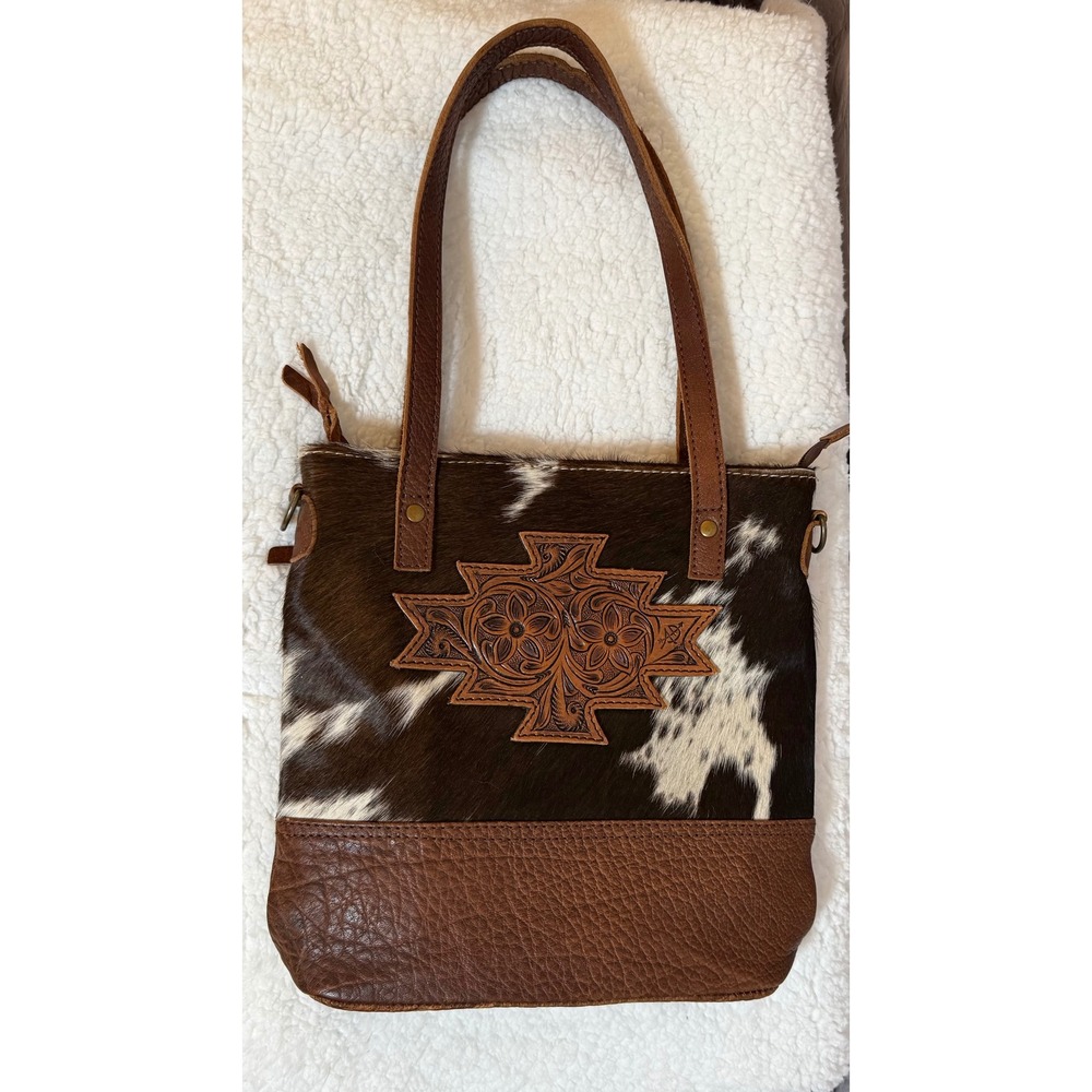 American Darling Cowhide Tooled Leather Tote Brown White Western Shoulder Bag